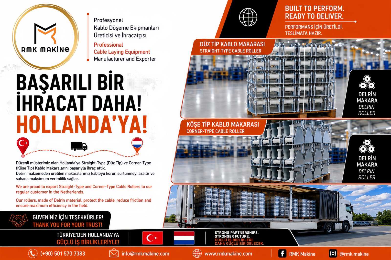 RMK Makine tarafından Hollanda'ya ihraç edilen Delrin makaralı Düz Tip ve Köşe Tipi Kablo Makaraları