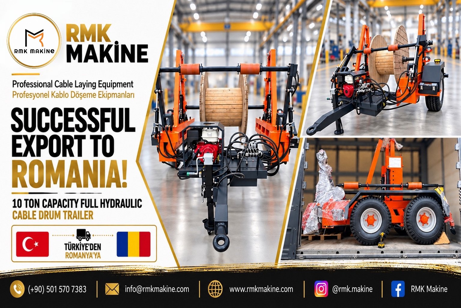 RMK MAKİNE’DEN ROMANYA’YA BAŞARILI İHRACAT: 10 TON TAM HİDROLİK KABLO MAKARASI RÖMORKU